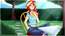 Size: 1920x1080 | Tagged: safe, artist:imskull, imported from derpibooru, sunset shimmer, equestria girls, crepuscular rays, drink, female, grass, human coloration, outdoors, solo, sunlight, table, tree