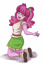 Size: 2362x3507 | Tagged: safe, artist:sumin6301, imported from derpibooru, cheerilee, equestria girls, cheeribetes, cute, female, kneeling, looking at you, looking back, looking back at you, simple background, smiling, smiling at you, solo