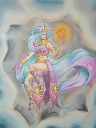 Size: 1024x1370 | Tagged: safe, artist:owlblack08, imported from derpibooru, princess celestia, human, clothes, cloud, dress, female, floating, humanized, long hair, side slit, solo, tangible heavenly object, traditional art, watermark