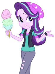 Size: 2245x3020 | Tagged: safe, artist:lifes-remedy, artist:remcmaximus, imported from derpibooru, starlight glimmer, equestria girls, mirror magic, spoiler:eqg specials, beanie, clothes, female, food, hat, ice cream, pants, shirt, simple background, smiling, solo, that human sure does love ice cream, transparent background, vector