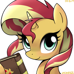 Size: 1284x1284 | Tagged: safe, artist:yorozpony, imported from derpibooru, sunset shimmer, pony, unicorn, book, cute, female, looking at you, mare, shimmerbetes, solo