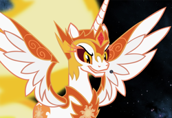 Size: 2000x1375 | Tagged: safe, imported from derpibooru, daybreaker, alicorn, pony, a royal problem, catasterism, earth, female, fire, giant pony, giantess, goddess, imminent vore, macro, mane of fire, pony bigger than a planet, solo, space, sun, this will end in fire