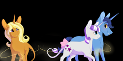 Size: 3000x1500 | Tagged: safe, artist:silcybell, idw, imported from derpibooru, night light, sunflower spectacle, twilight velvet, pony, unicorn, spoiler:comic, spoiler:comic40, black background, bow, crying, female, headcanon, leonine tail, looking at each other, male, nightvelvet, shipping, simple background, straight, tail bow