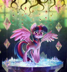 Size: 1993x2132 | Tagged: safe, artist:dawnfire, imported from derpibooru, twilight sparkle, alicorn, pony, adorkable, chandelier, colored pupils, cute, cutie map, depth of field, dork, female, golden oaks chandelier, looking at you, mare, solo, spread wings, sweet dreams fuel, tree of memories, twiabetes, twilight sparkle (alicorn), twilight's castle, wings