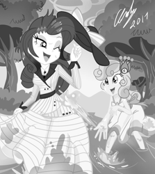 Size: 1800x2014 | Tagged: safe, artist:succubi samus, imported from derpibooru, rarity, sweetie belle, equestria girls, make new friends but keep discord, ppov, black and white, clothes, commission, costume, cute, diasweetes, dress, female, flower, flower in hair, forest, gala dress, grayscale, hat, lake, messy hair, monochrome, playful, raribetes, raristocrat, rose dewitt bukater, show accurate, sibling love, siblings, sisterly love, sisters, smiling, splashing, titanic, tree, wet