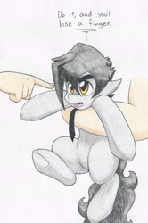 Size: 3985x5985 | Tagged: safe, artist:flicker-show, imported from derpibooru, oc, oc only, oc:flicker show, demon, demon pony, earth pony, human, hybrid, pony, absurd resolution, cute, holding a pony, imminent boop, male, necktie, ocbetes, simple background, stallion, traditional art