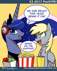 Size: 600x755 | Tagged: safe, artist:johnjoseco, imported from derpibooru, derpy hooves, princess luna, pony, ask gaming princess luna, gamer luna, comic, cute, derpabetes, duo, e3, lunabetes