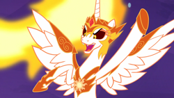 Size: 1920x1080 | Tagged: safe, imported from derpibooru, screencap, daybreaker, alicorn, pony, a royal problem, antagonist, armor, female, fire, happy, it happened, mane of fire, mare, smiling, solo