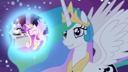 Size: 1920x1080 | Tagged: safe, imported from derpibooru, screencap, princess cadance, princess celestia, princess flurry heart, alicorn, pony, a royal problem, season 7, dj flurry heart, dream bubble, dream realm, dream walker celestia, female, mare, spread wings, wings