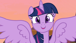 Size: 1920x1080 | Tagged: safe, imported from derpibooru, screencap, twilight sparkle, alicorn, pony, a royal problem, cute, female, happy, mare, shrunken pupils, smiling, solo, spread wings, twiabetes, twilight sparkle (alicorn), twilight stalker, wings