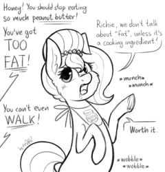 Size: 1166x1213 | Tagged: safe, artist:dsp2003, imported from derpibooru, oc, oc only, oc:brownie bun, earth pony, pony, horse wife, black and white, comic, fat, female, food, grayscale, monochrome, offscreen character, peanut butter, single panel, sketch, solo