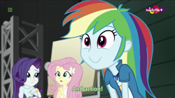 Size: 854x480 | Tagged: safe, imported from derpibooru, screencap, fluttershy, rainbow dash, rarity, equestria girls, movie magic, spoiler:eqg specials, cute, dashabetes, female, geode of super speed, magical geodes, smiling, subtitles, teletoon