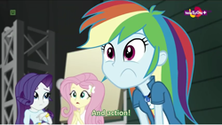 Size: 854x482 | Tagged: safe, edit, edited screencap, imported from derpibooru, screencap, fluttershy, rainbow dash, rarity, equestria girls, movie magic, spoiler:eqg specials, geode of super speed, inverted mouth, magical geodes, subtitles