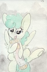 Size: 692x1070 | Tagged: safe, artist:slightlyshade, imported from derpibooru, spring melody, sprinkle medley, pony, cloud, flying, solo, traditional art, underhoof