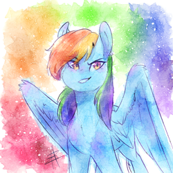 Size: 1000x1000 | Tagged: safe, artist:myralilth, imported from derpibooru, rainbow dash, pony, cheek fluff, ear fluff, female, smiling, solo, traditional art, watercolor painting, wings