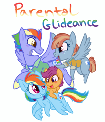 Size: 660x768 | Tagged: safe, artist:esmeia, imported from derpibooru, bow hothoof, rainbow dash, scootaloo, windy whistles, pegasus, pony, parental glideance, clothes, cute, cutealoo, dashabetes, female, filly, flying, grin, male, mare, rainbow dash's parents, scootalove, smiling, stallion, story included, title card, windybetes