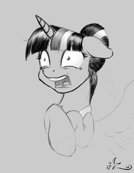 Size: 700x900 | Tagged: safe, artist:amarynceus, imported from derpibooru, twilight sparkle, alicorn, pony, a royal problem, ballerina, bust, clothes, dress, female, floppy ears, freakout, mare, monochrome, open mouth, portrait, shrunken pupils, solo, spread wings, tutu, twilarina, twilight sparkle (alicorn), wings