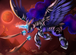 Size: 3262x2346 | Tagged: safe, artist:pridark, imported from derpibooru, princess luna, alicorn, pony, armor, blood moon, commission, female, flying, mare, moon, protector, scimitar, solo, sword, warrior luna, weapon