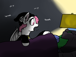 Size: 2400x1800 | Tagged: safe, artist:pony quarantine, imported from derpibooru, oc, oc only, oc:anon, bat pony, pony, bed, blanket, chirp, collar, eyeliner, eyeshadow, furniture, hat, hot topic, lamp, lipstick, makeup, open mouth, pet, piercing, pillow, pink hair, pony pet, sleeping, squeak