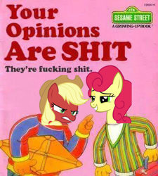 Size: 381x424 | Tagged: safe, imported from derpibooru, applejack, strawberry sunrise, pony, honest apple, angry, bert, ernie, opinion, photoshop, sesame street, smug, strawberry savage, that makes me angry! (book), vulgar