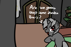 Size: 740x492 | Tagged: safe, artist:neuro, imported from derpibooru, oc, oc only, pony, unicorn, zombie, zombie pony, dialogue, imminent boop, looking at you, looking back, looking back at you, solo focus