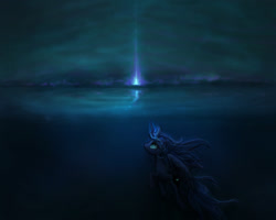 Size: 2000x1600 | Tagged: safe, artist:plotcore, imported from derpibooru, princess luna, alicorn, pony, female, flowing mane, flying, glowing, glowing horn, horn, magic, mare, ocean, scenery, smiling, solo, swimming, underwater, windswept mane