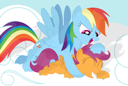 Size: 3518x2385 | Tagged: safe, artist:porygon2z, imported from derpibooru, rainbow dash, scootaloo, pony, backwards cutie mark, cloud, cute, noogie, scootalove, vector