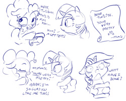 Size: 1280x1024 | Tagged: safe, artist:dilarus, deleted from derpibooru, imported from derpibooru, pinkie pie, twilight sparkle, earth pony, pony, unicorn, awkward, blushing, comic, cute, diapinkes, embarrassed, female, lesbian, letter, love letter, misspelling, misspelling of you're, monochrome, shipping, sweat, trick, twinkie