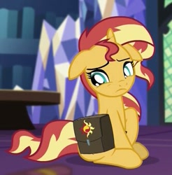 Size: 333x338 | Tagged: safe, imported from derpibooru, screencap, sunset shimmer, pony, unicorn, equestria girls, mirror magic, spoiler:eqg specials, bag, cropped, female, floppy ears, horn, looking down, mare, sad, sitting, solo