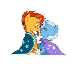 Size: 946x814 | Tagged: safe, artist:pikokko, edit, imported from derpibooru, sunburst, trixie, pony, unicorn, blush sticker, blushing, cape, clothes, eye contact, female, lidded eyes, looking at each other, male, mare, raised hoof, shipping, simple background, sitting, smiling, stallion, straight, sunburst's cloak, sunburst's robe, trixburst, trixie's cape, white background