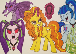 Size: 957x687 | Tagged: safe, artist:iffoundreturntorarity, imported from derpibooru, adagio dazzle, aria blaze, sonata dusk, pony, siren, cover art, fanfic, fanfic art, fanfic cover, ponified, the dazzlings, traditional art