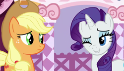 Size: 1280x738 | Tagged: safe, imported from derpibooru, screencap, applejack, rarity, pony, honest apple, carousel boutique, grin, one eye closed, out of context, smiling, wink