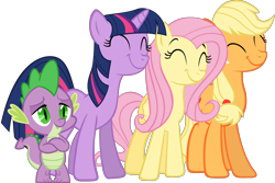 Size: 4492x3000 | Tagged: safe, artist:are-you-jealous, artist:itv-canterlot, edit, imported from derpibooru, applejack, fluttershy, spike, twilight sparkle, dragon, earth pony, pegasus, pony, unicorn, party of one, .svg available, absurd resolution, crossed arms, cute, eyes closed, female, lidded eyes, male, mare, simple background, smiling, transparent background, vector