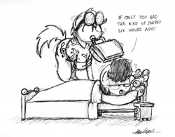 Size: 1806x1412 | Tagged: safe, artist:bobthedalek, imported from derpibooru, oc, oc only, oc:mixed melody, oc:octavia's father, oc:octavia's mother, oc:ostinato melody, earth pony, pony, alarm clock, bed, bed mane, black and white, clock, clothes, grayscale, jumping, monochrome, shirt, suitcase, sunglasses, traditional art, unamused