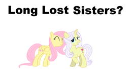 Size: 3729x2181 | Tagged: safe, imported from derpibooru, fluttershy, lily lace, pegasus, pony, unicorn, doppelganger, doppleganger, female, simple background, sisters, theory, voice actor joke, what if, white background, yellow skin