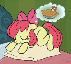 Size: 920x834 | Tagged: safe, artist:morgana, derpibooru exclusive, imported from derpibooru, apple bloom, earth pony, pony, adorabloom, bed, bedroom, cute, dream, female, filly, food, pie, pillow, sketch, sleeping, solo