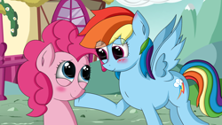 Size: 3264x1836 | Tagged: safe, artist:zsparkonequus, imported from derpibooru, pinkie pie, rainbow dash, earth pony, pegasus, pony, female, lesbian, looking at each other, mare, pinkiedash, ponyville, shipping, smiling