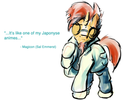 Size: 1536x1249 | Tagged: safe, artist:frist44, imported from derpibooru, sunburst, pony, unicorn, crossover, hal emmerich, metal gear solid, otacon, quote