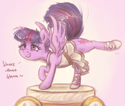 Size: 2300x1960 | Tagged: safe, artist:plotcore, imported from derpibooru, twilight sparkle, alicorn, pony, a royal problem, ballerina, butt shake, clothes, colored, dialogue, do the sparkle, female, grin, mare, plot, raised tail, simple background, smiling, solo, spread wings, tail, tutu, twilarina, twilight sparkle (alicorn), wings