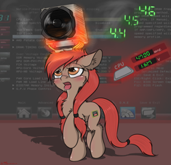 Size: 2000x1939 | Tagged: safe, artist:orang111, imported from derpibooru, oc, oc only, oc:a-10, oc:trinity, earth pony, object pony, original species, pony, amd, bios, blushing, brown coat, chest fluff, cooling fan, cpu, cpu pony, ear fluff, open mouth, overclocking, ponified, raised hoof, red mane, software, solo, tongue out