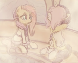 Size: 1708x1379 | Tagged: safe, artist:plotcore, imported from derpibooru, fluttershy, rarity, pegasus, pony, unicorn, bathrobe, clothes, female, mare, robe, sauna, sitting, smiling, spa, steam, towel