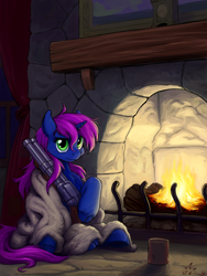 Size: 1350x1800 | Tagged: safe, artist:amarynceus, imported from derpibooru, oc, oc only, oc:crystal dew, pony, unicorn, blanket, chest fluff, cloven hooves, commission, double barreled shotgun, female, fireplace, gun, looking at you, mare, mug, shotgun, solo, unshorn fetlocks, weapon