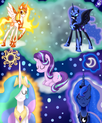 Size: 2500x3000 | Tagged: safe, artist:liniitadash23, imported from derpibooru, daybreaker, nightmare moon, princess celestia, princess luna, starlight glimmer, alicorn, pony, unicorn, a royal problem, female, mare, royal sisters, show accurate, sisters