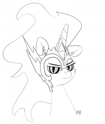 Size: 1280x1515 | Tagged: safe, artist:pabbley, imported from derpibooru, daybreaker, alicorn, pony, a royal problem, 30 minute art challenge, armor, bust, ear fluff, female, grayscale, helmet, horn guard (armor), looking at you, mare, monochrome, portrait, simple background, slit pupils, solo, white background