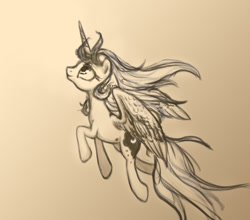 Size: 903x796 | Tagged: safe, artist:plotcore, imported from derpibooru, princess luna, alicorn, pony, female, flying, mare, monochrome, simple background, solo, windswept mane