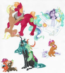 Size: 628x706 | Tagged: safe, artist:frozensoulpony, imported from derpibooru, babs seed, big macintosh, button mash, princess celestia, queen chrysalis, scootaloo, starlight glimmer, sweetie belle, tender taps, thorax, trenderhoof, changedling, changeling, earth pony, pony, unicorn, babsbelle, chrysarax, crack shipping, female, gay, incest, king thorax, kissing, lesbian, male, mare, scootamash, shipping, stallion, starlestia, straight, tendermash, traditional art, trendermac