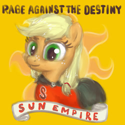 Size: 1400x1400 | Tagged: safe, artist:plotcore, imported from derpibooru, applejack, earth pony, pony, album cover, cape, clothes, evil empire, female, mare, parody, rage against the machine, solo