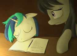 Size: 2000x1475 | Tagged: safe, artist:plotcore, imported from derpibooru, dj pon-3, octavia melody, vinyl scratch, earth pony, pony, unicorn, eyes closed, female, mare, newbie artist training grounds, notebook, pencil, sleeping