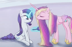 Size: 2000x1300 | Tagged: safe, artist:plotcore, imported from derpibooru, princess cadance, rarity, alicorn, pony, unicorn, cross-popping veins, eyes closed, female, hairbrush, magic, mare, messy mane, telekinesis