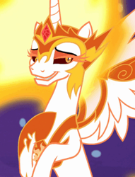 Size: 296x388 | Tagged: safe, imported from derpibooru, screencap, daybreaker, alicorn, pony, a royal problem, cropped, female, lidded eyes, looking at you, mare, smiling, smirk, solo, spread wings, wings